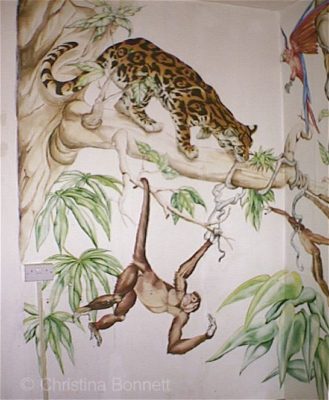 Jungle mural cheetah and monkey by Christina Bonnett