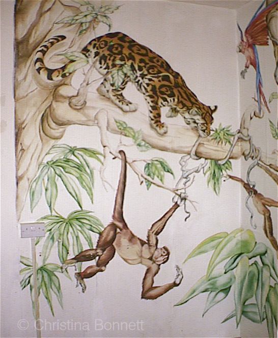 Jungle mural cheetah and monkey by Christina Bonnett