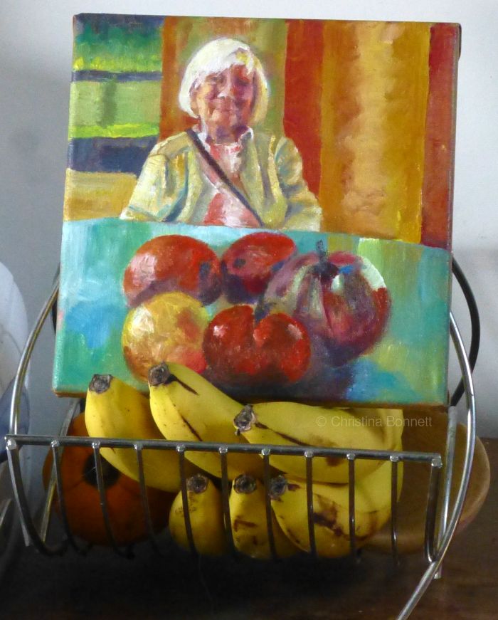 Portrait of mother on banana easel