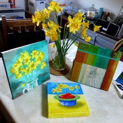 Three daffodil paintings by Christina Bonnett